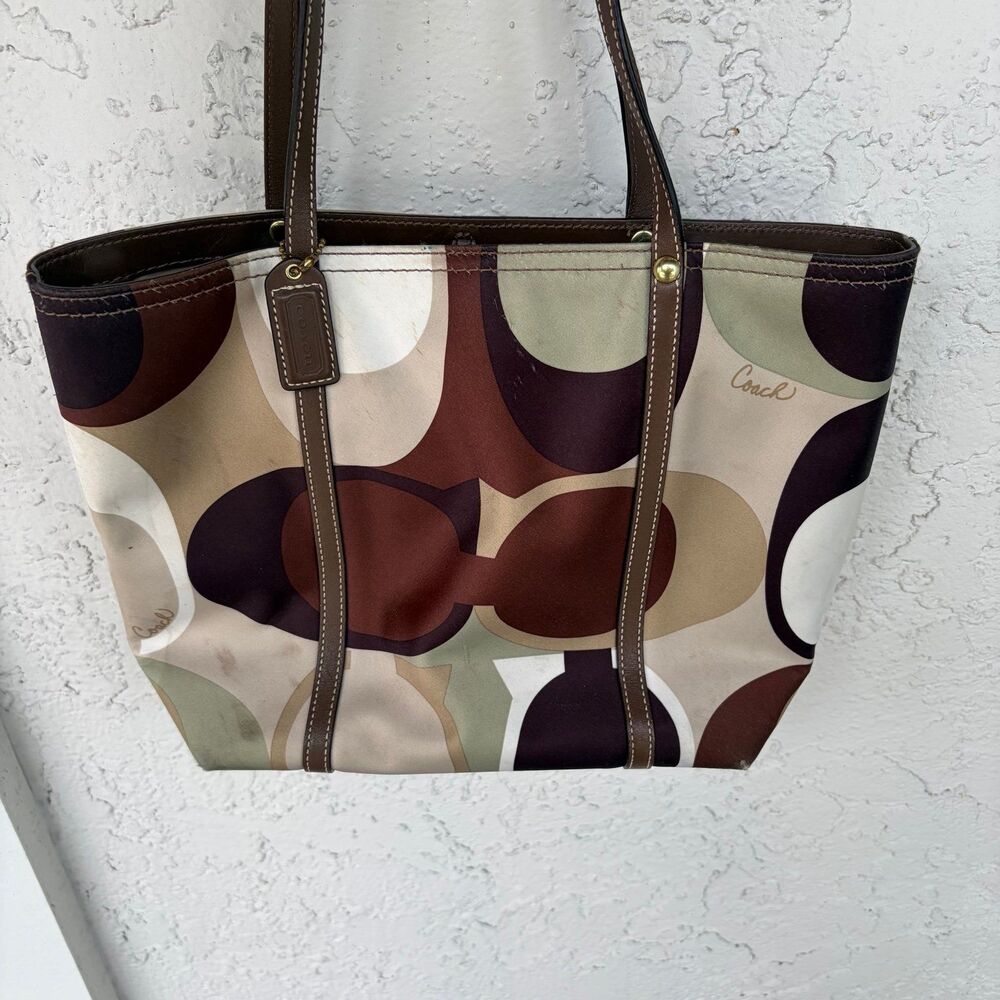 VTG Y2K Coach Signature Sateen Monogram Tote Bag Brown Leather 11116